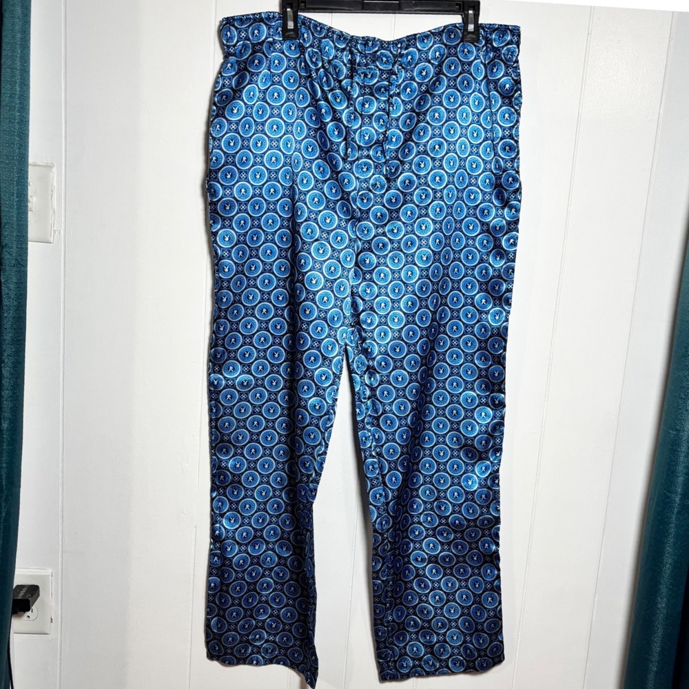 Y2K Playboy Mens Blue Medallion Bunny Logo Satin Pajama Pants Sz Medium Lounge